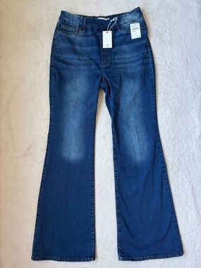 NWT Good American Power Stretch Pull On Dark Blue Flare Jeans Women Size XL